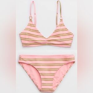 NWT Aerie FULL SET Beach Babe Shine Rib Voop Top + Full Coverage Bottom in Pink